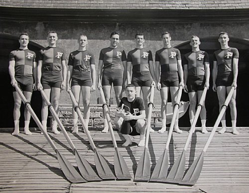 The undefeated 1955 Penn heavyweight crew poses for a photo, with Parker second from right